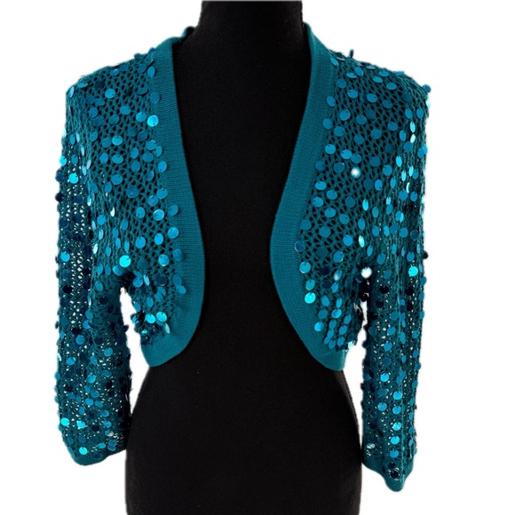 Cejon Crocheted Sequin Bolero Jacket Shrug Cardigan Sweater Teal Blue Size Large - Picture 1 of 15